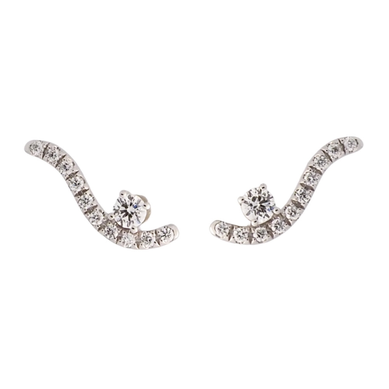 Pendientes trepadores de oro blanco y brillantes Pendientes trepadores en oro blanco con diseño ondulado y moderno, engastados c