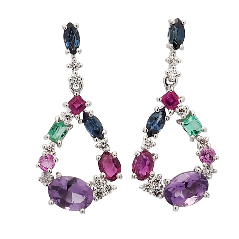 Pendientes de oro blanco diseño de lagrima Pendientes en oro blanco con diseño de lágrima y un vibrante mix de gemas: 4 zafiros