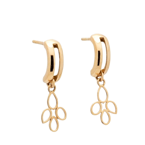 Pendientes de oro amarillo medio aro flor Pendientes de oro amarillo medio aro con colgante en forma de flor estilizada, un dise