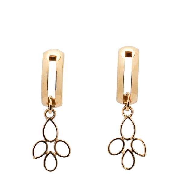 Pendientes de oro amarillo medio aro flor Pendientes de oro amarillo medio aro con colgante en forma de flor estilizada, un dise